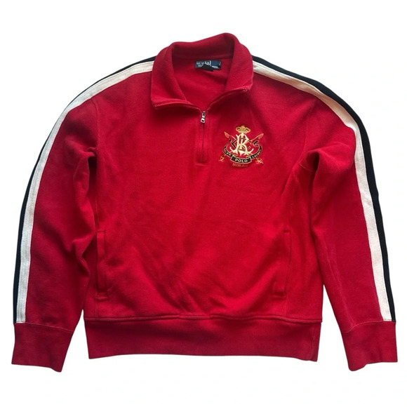 Vintage Polo Ralph Lauren 1/4 Zip Sweatshirt w/ Embroidered Crest Red/Stripe Lg - Picture 1 of 7